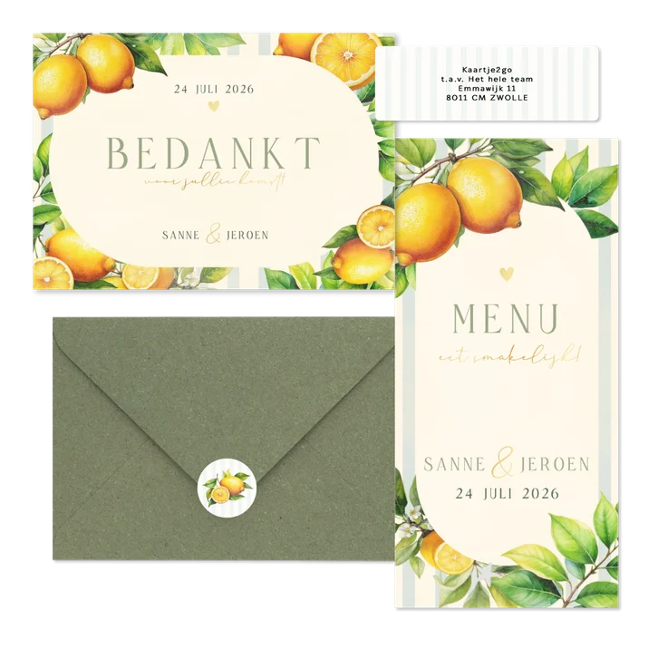Zomerse trouwset met citroenen, blaadjes en streepjes