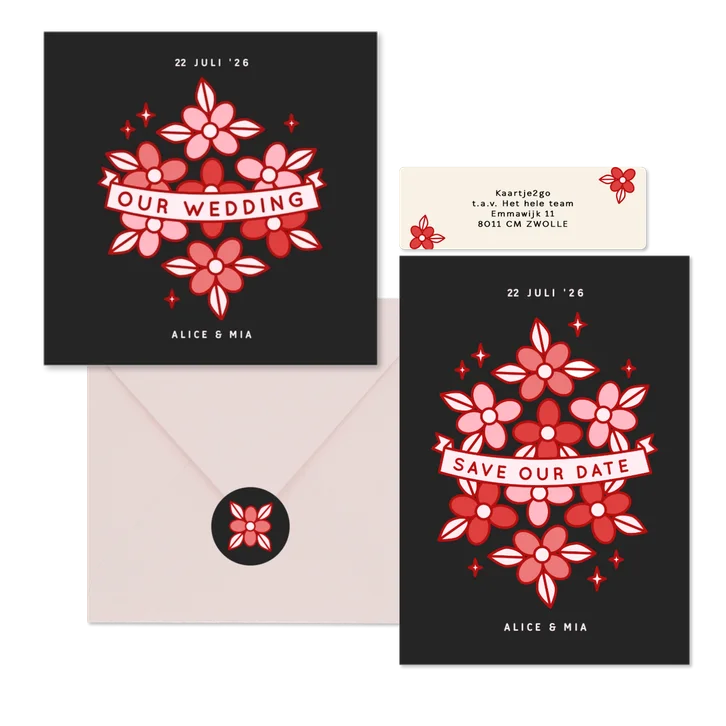 Trouwset met rode en roze bloemen tattoo