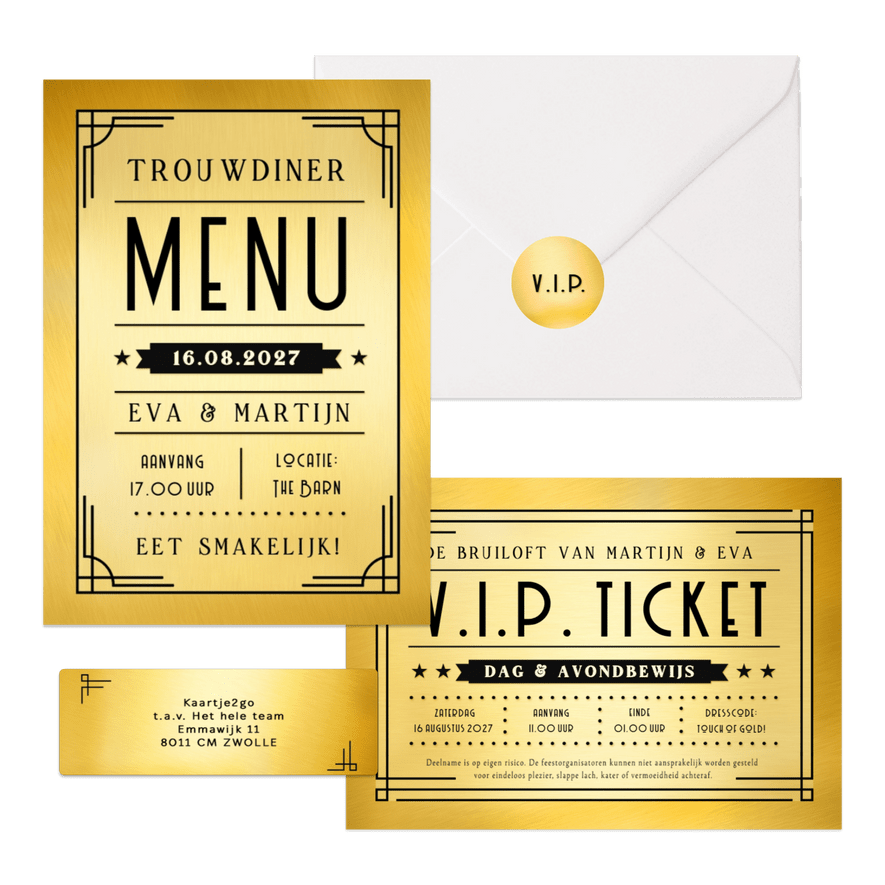 Trouwkaartenset VIP ticket goud