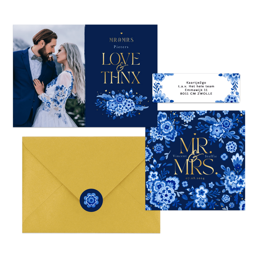 Trouwset Delftsblauw donker goud bloemen