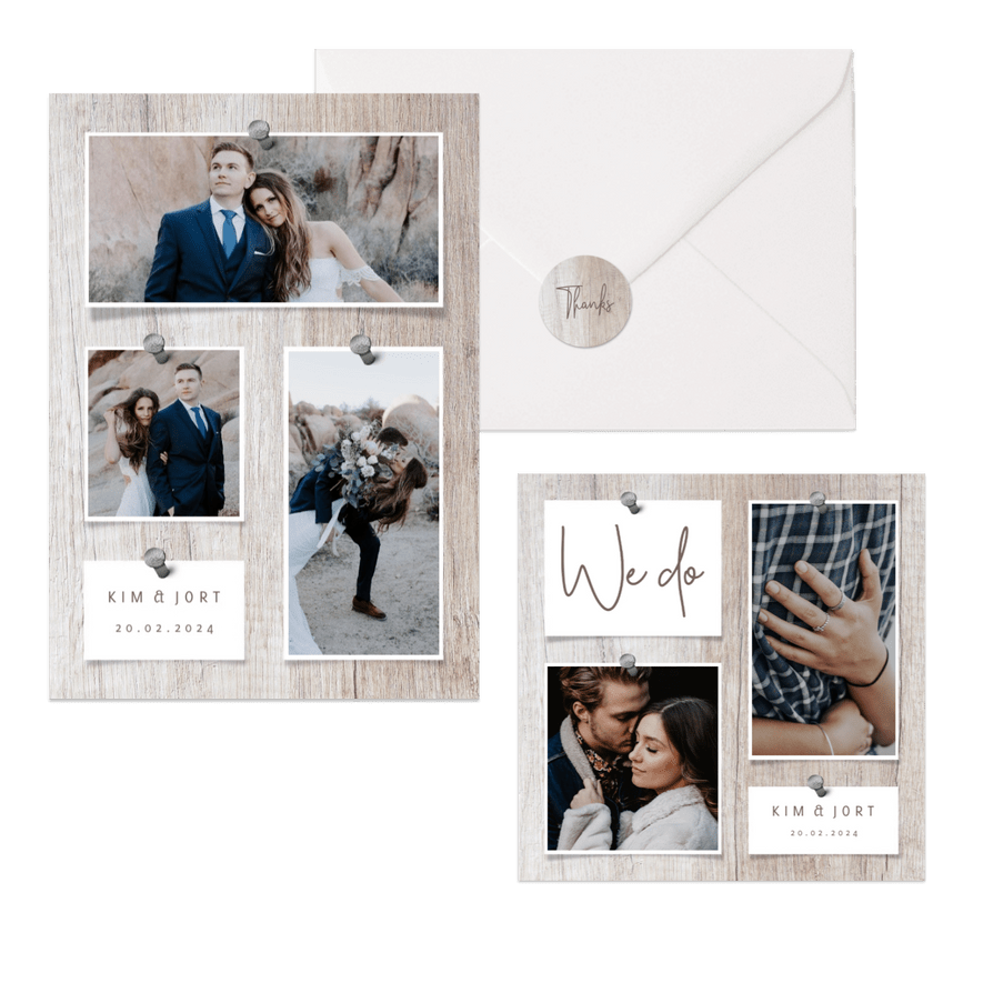 Fotocollage - trouwkaarten hout met foto's en spijkers
