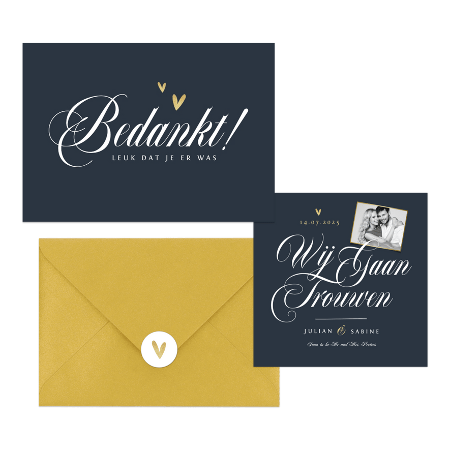 Chique kalligrafie trouwkaarten set met goud