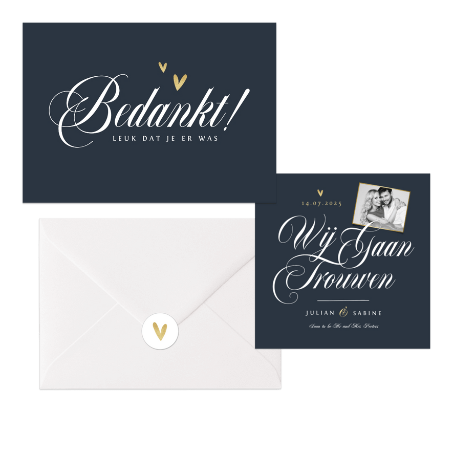 Chique kalligrafie trouwkaarten set met goud