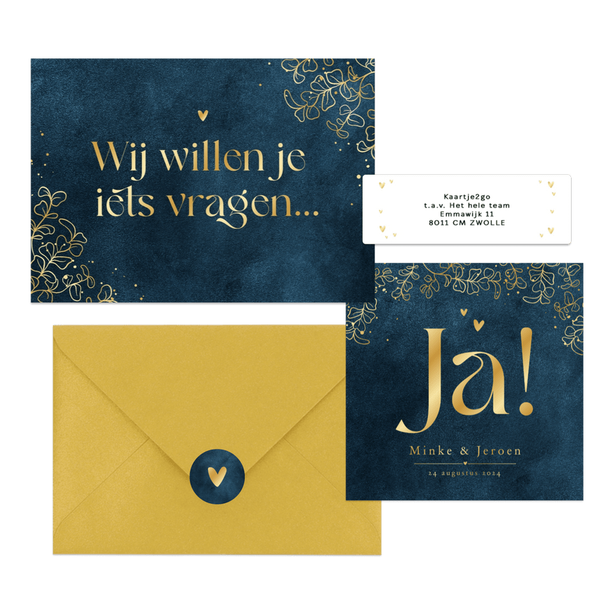 Trouwset velvet blauw eucalyptus lineart goud