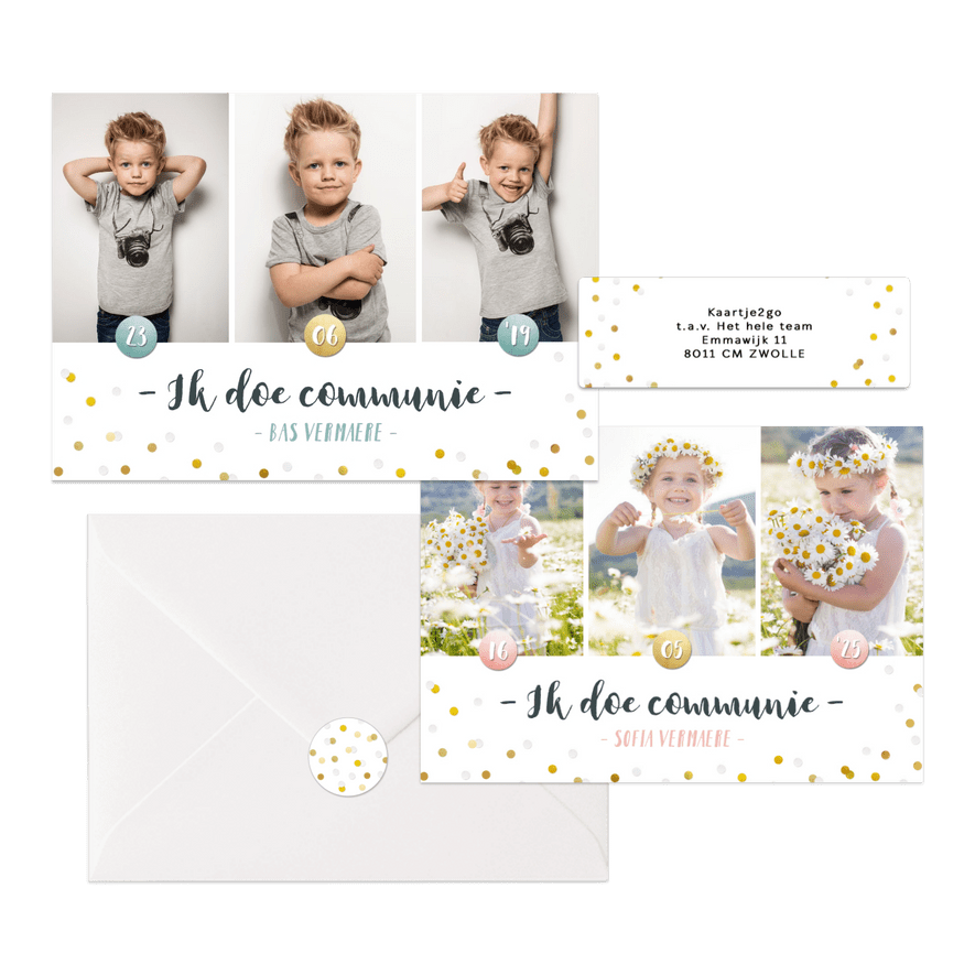 Hippe fotocollage kaarten communie met gouden confetti