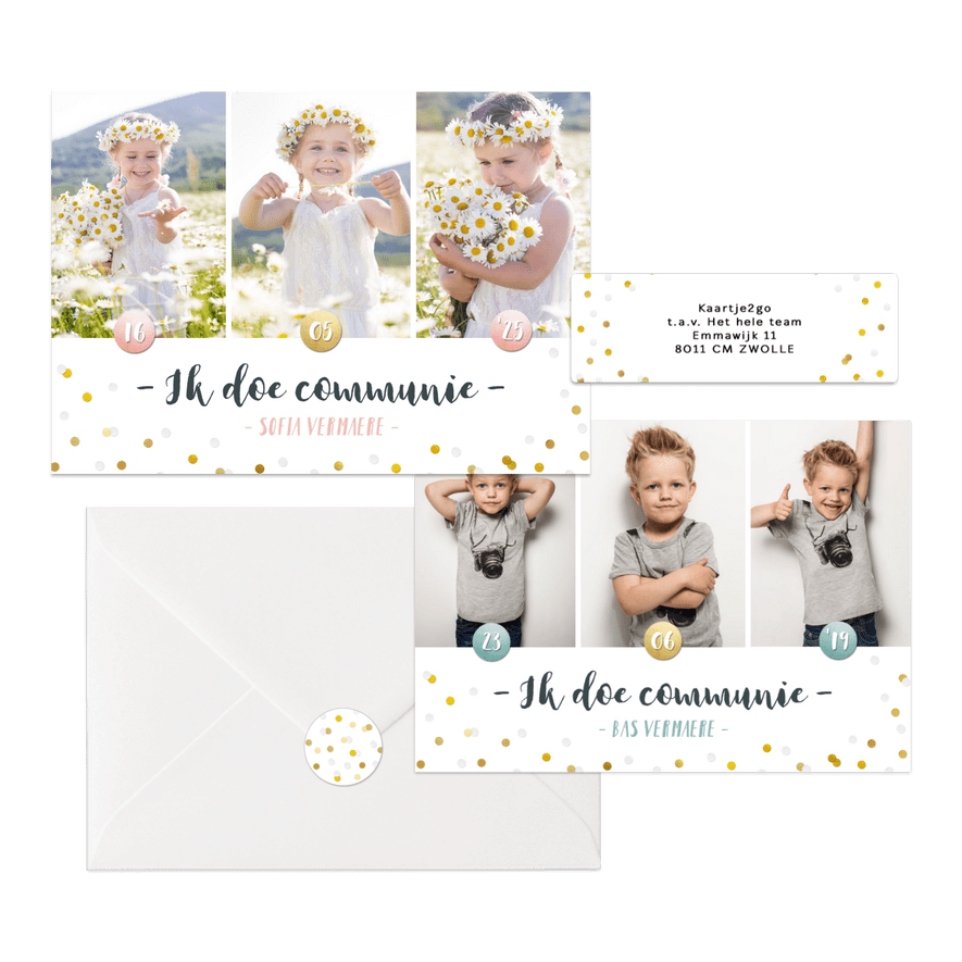 Hippe fotocollage kaarten communie met gouden confetti