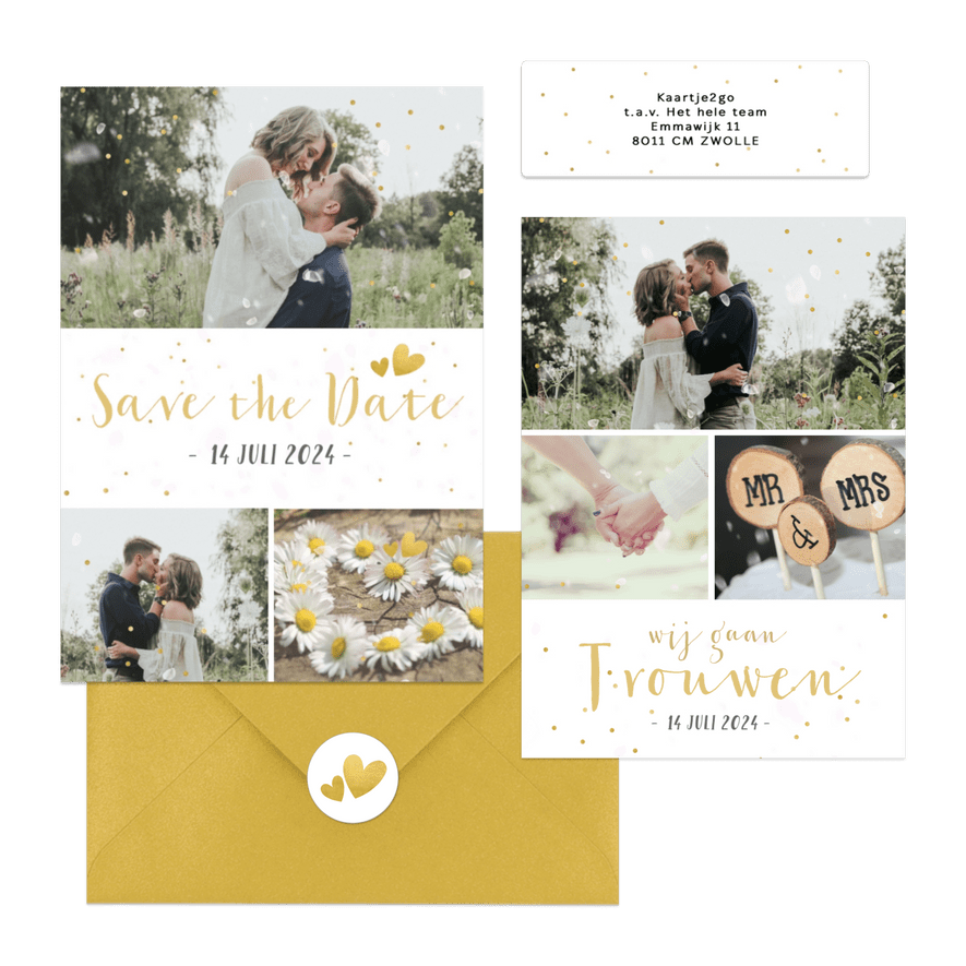 Trouwset fotocollage gouden confetti, hartjes