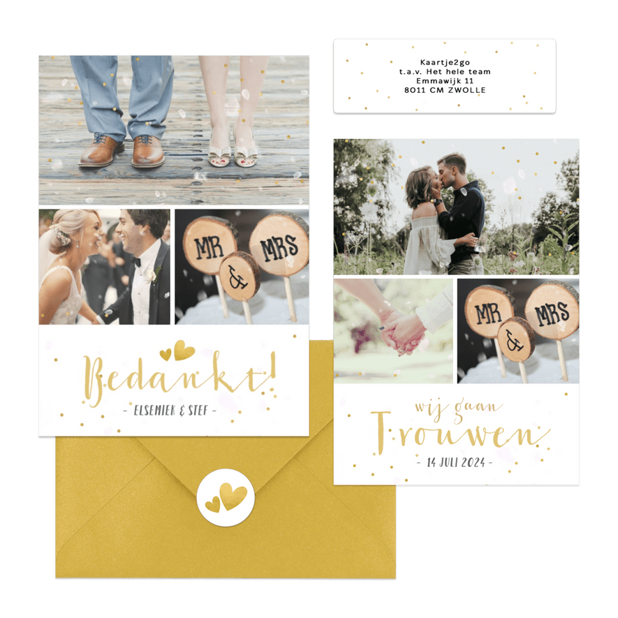 Trouwset fotocollage gouden confetti, hartjes