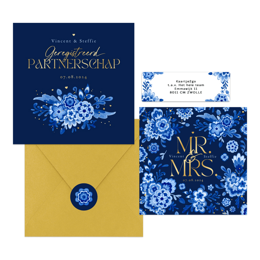 Trouwset Delftsblauw donker goud bloemen