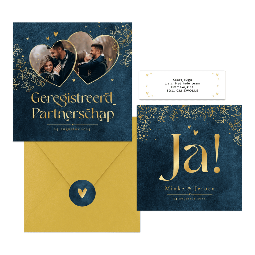 Trouwset velvet blauw eucalyptus lineart goud