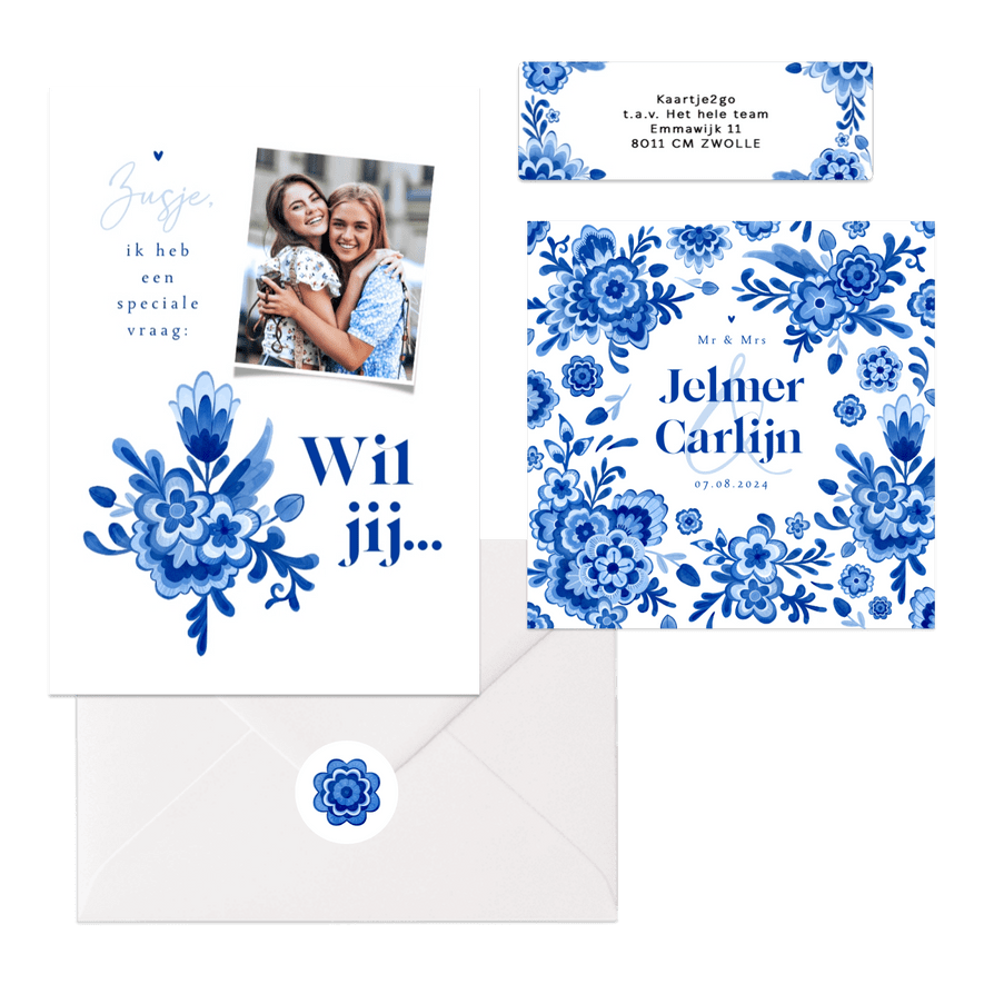 Trouwkaarten Delfts blauw bloemen origineel