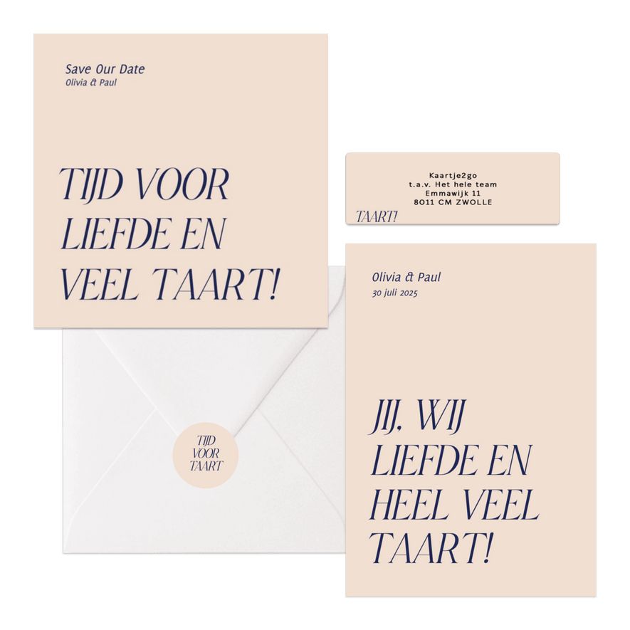 Trouwset typografisch grappig liefde en taart