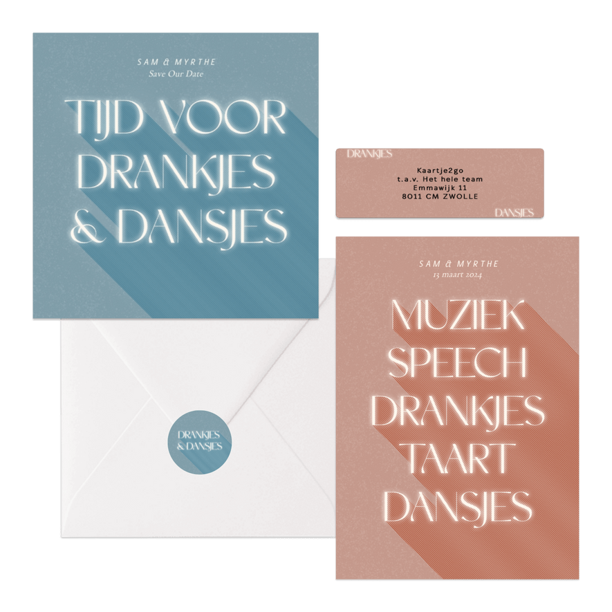 Trouwset drankjes & dansjes in roze en blauw