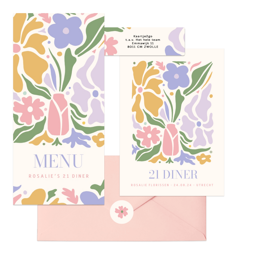 Trendy kaartenset 21 diner met pastel bloemen