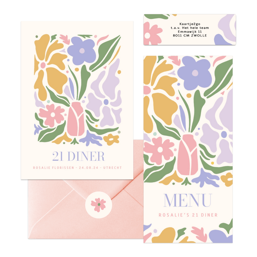 Trendy kaartenset 21 diner met pastel bloemen