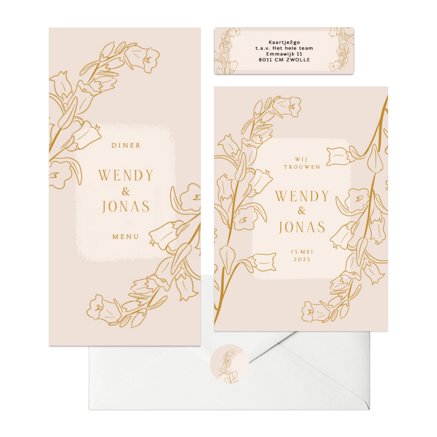 Beige set met lijnillustratie van bloemen