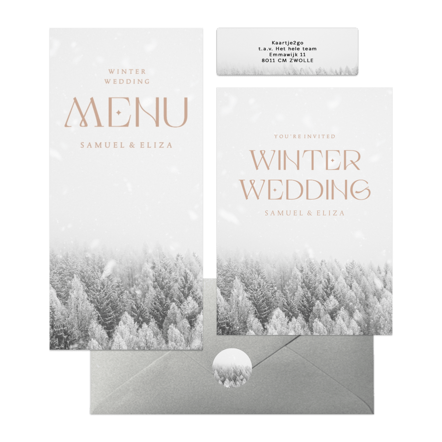 Winter wedding trouwset met besneeuwd bos