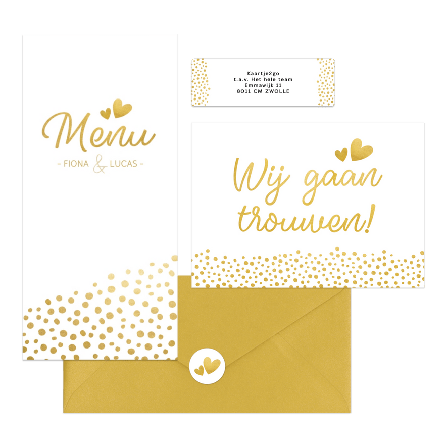 Witte trouwkaarten set met gouden stipjes 