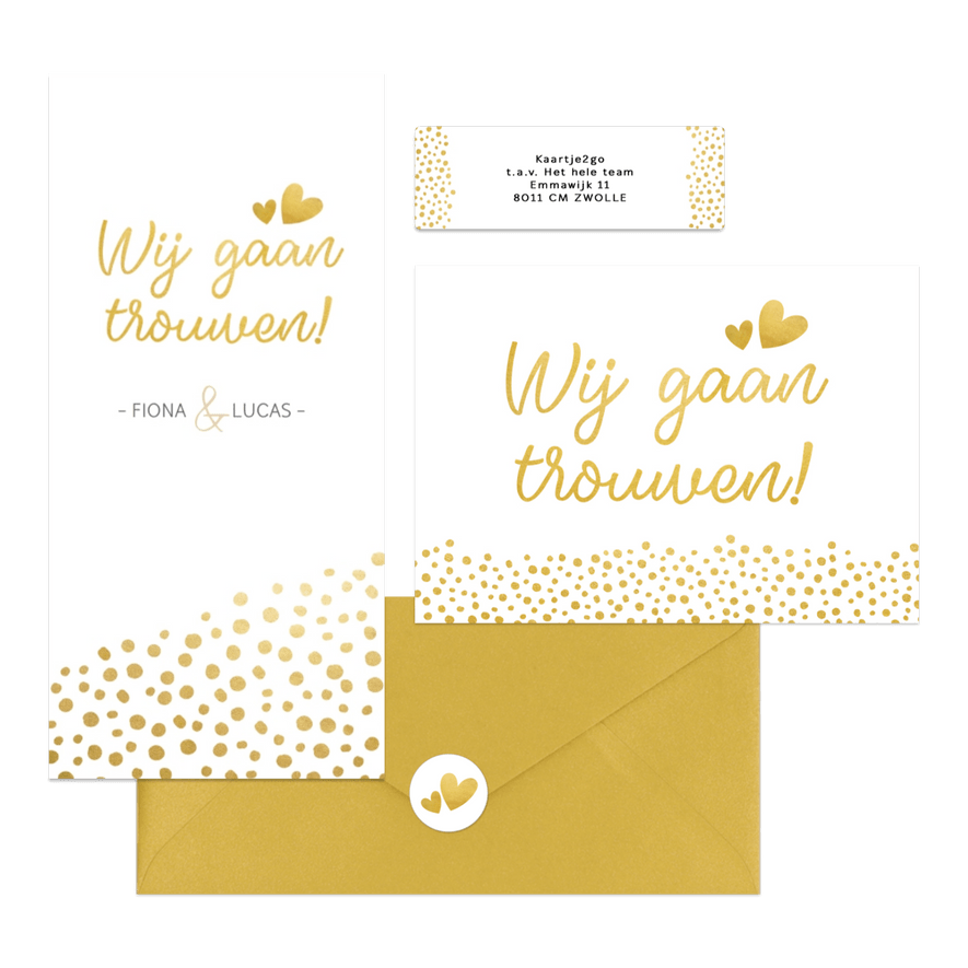 Witte trouwkaarten set met gouden stipjes 