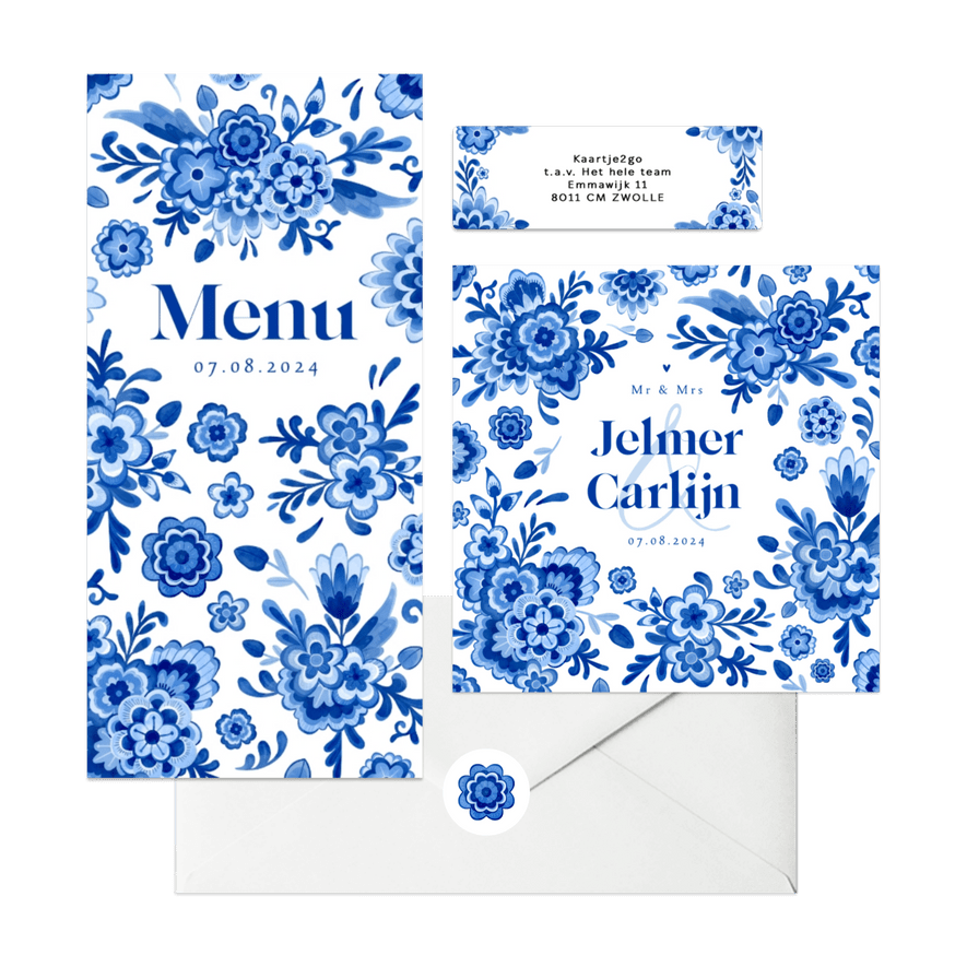 Trouwkaarten Delfts blauw bloemen origineel