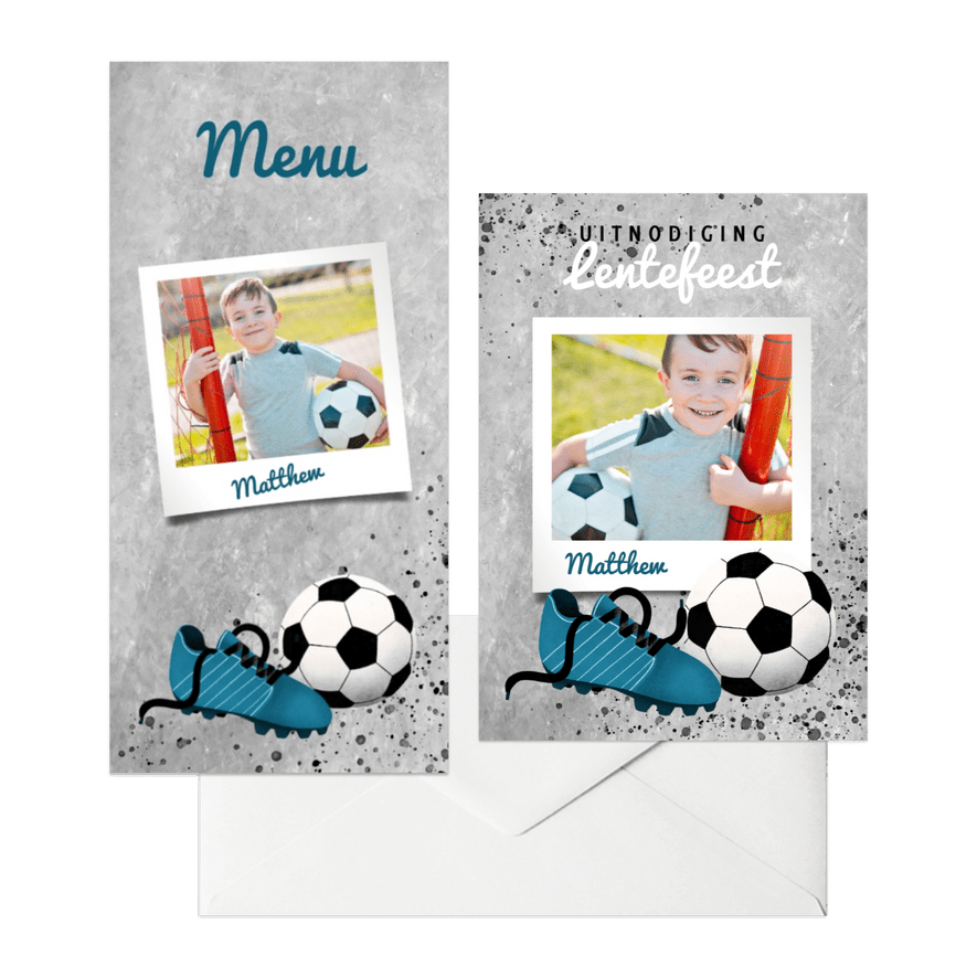 Voetbalthema met betonlook, spetters en foto's