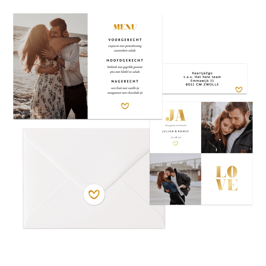 Fotocollage - trouwkaarten met foto's en  goudaccent 
