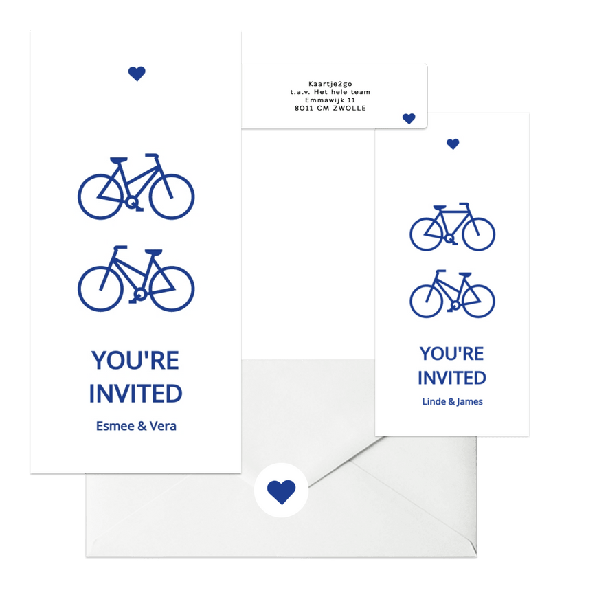 Moderne trouwkaartenset met blauwe fietsen