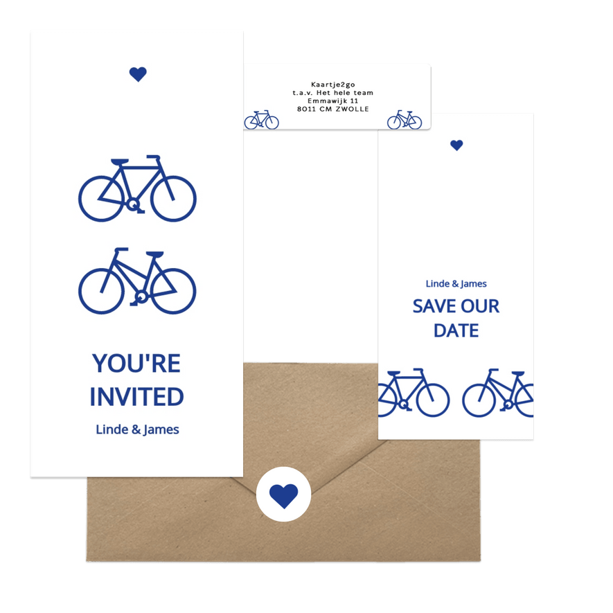 Moderne trouwkaartenset met blauwe fietsen