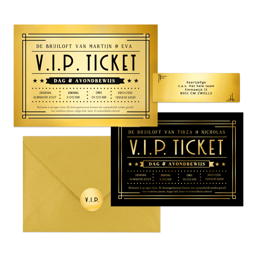Trouwkaartenset VIP ticket goud