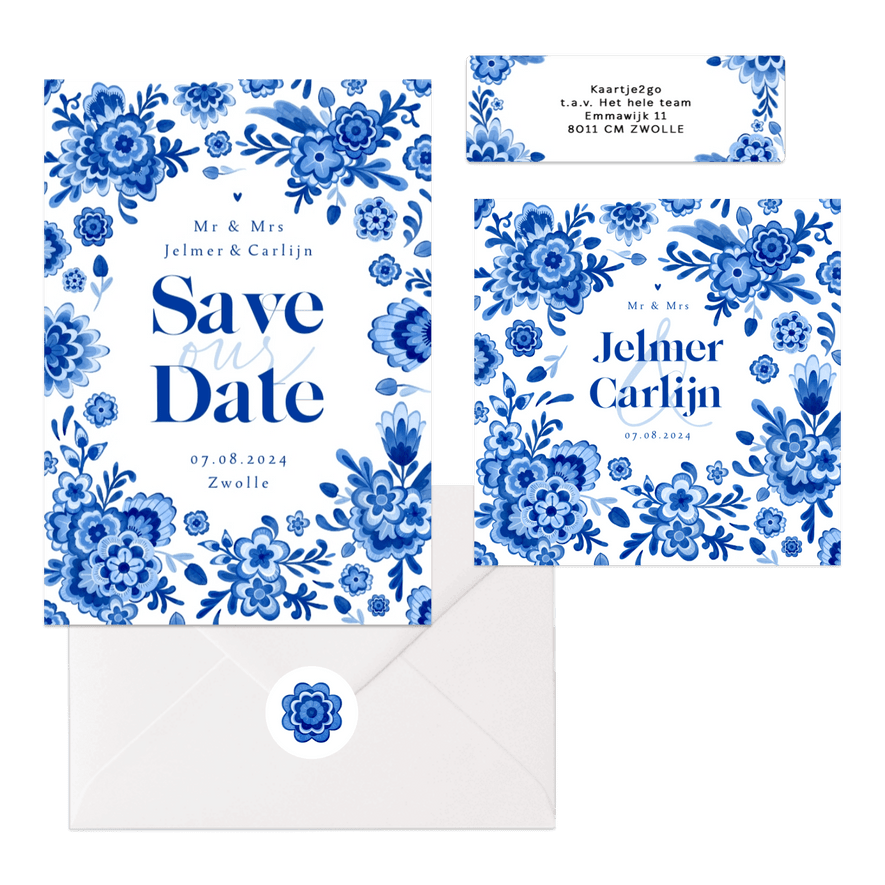 Trouwkaarten Delfts blauw bloemen origineel