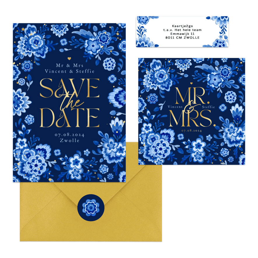 Trouwset Delftsblauw donker goud bloemen