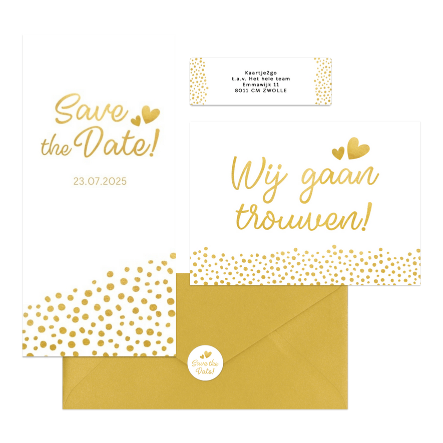 Witte trouwkaarten set met gouden stipjes 