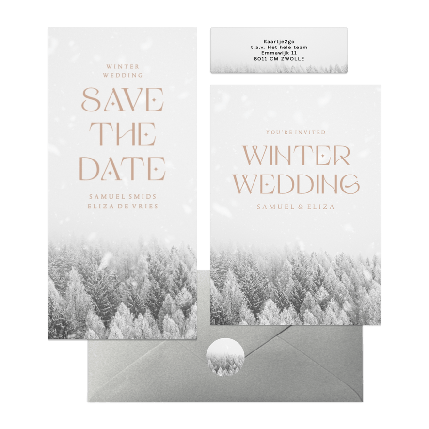 Winter wedding trouwset met besneeuwd bos