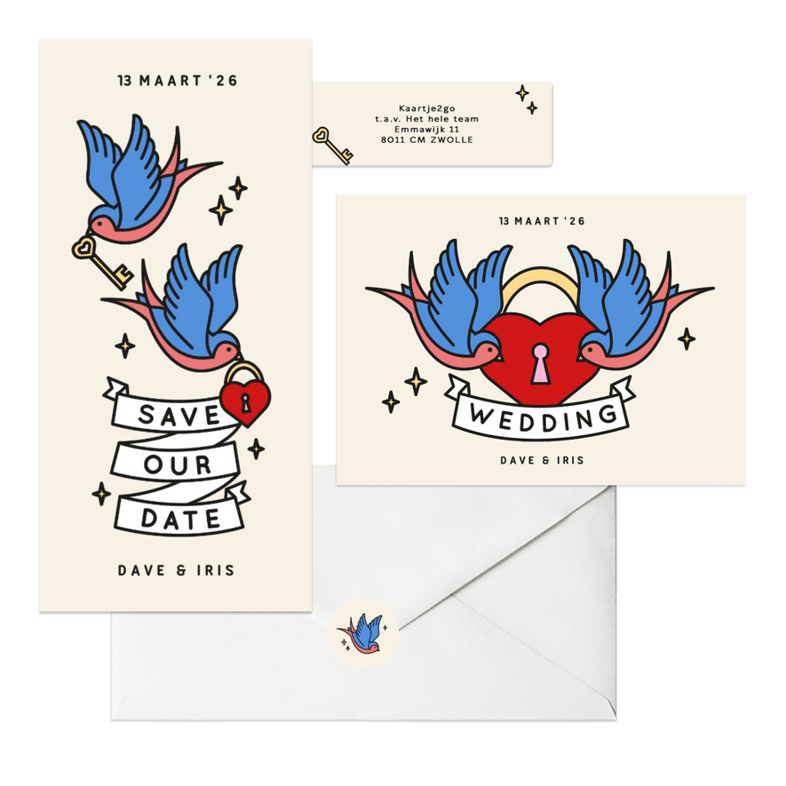 Trouwkaarten met tattoo stijl illustraties