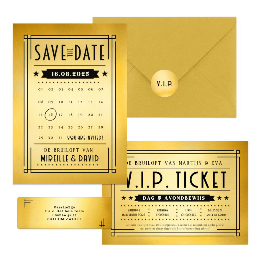 Trouwkaartenset VIP ticket goud