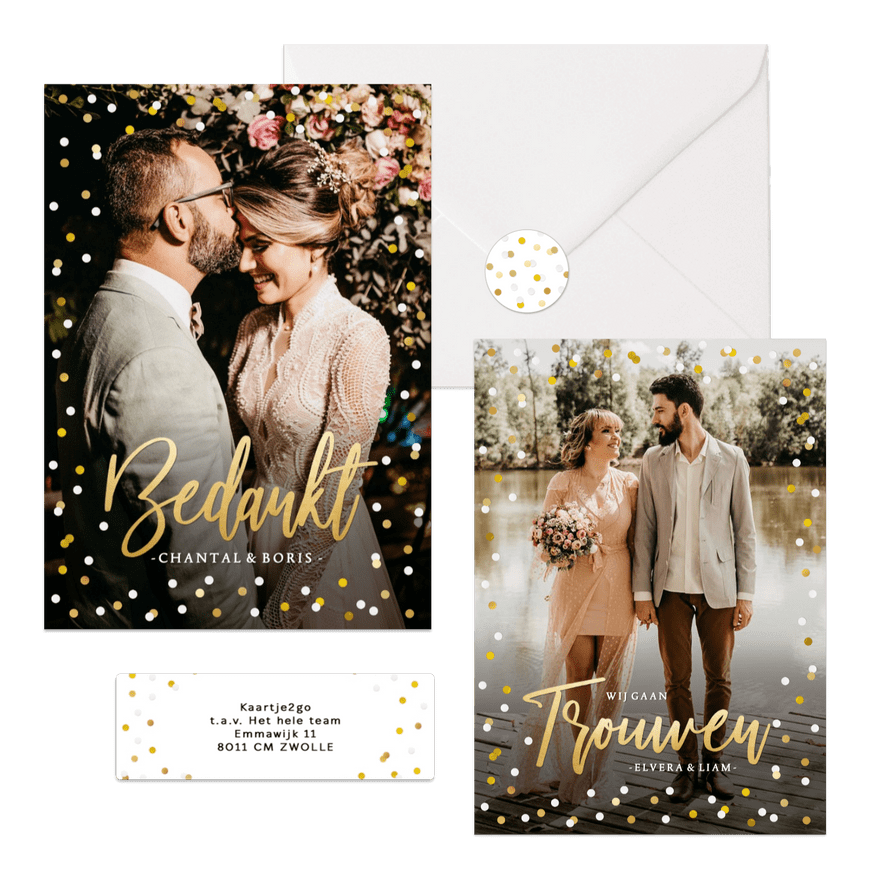 Fotokaarten trouwsest met confetti en goud