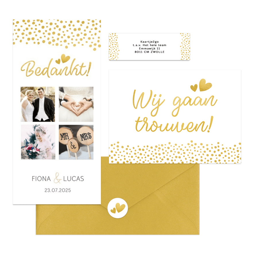 Witte trouwkaarten set met gouden stipjes 