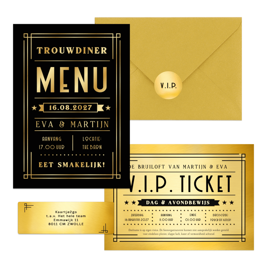 Trouwkaartenset VIP ticket goud