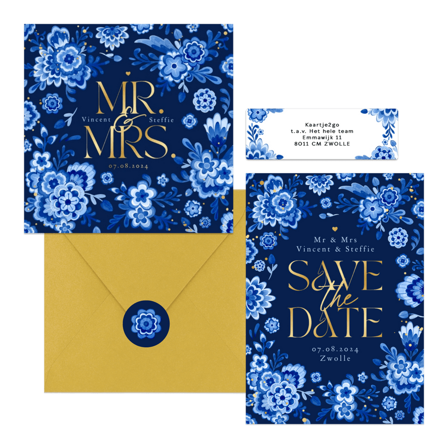 Trouwset Delftsblauw donker goud bloemen