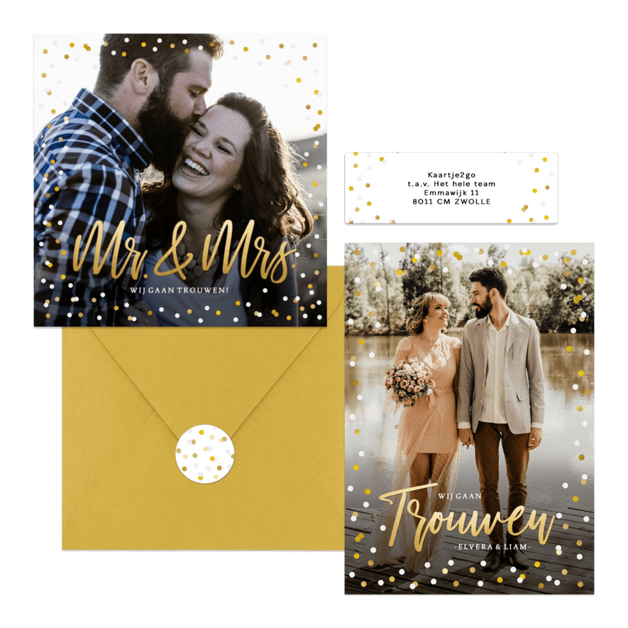 Fotokaarten trouwsest met confetti en goud