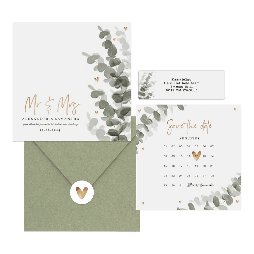 Botanische trouwset eucalyptus met goud