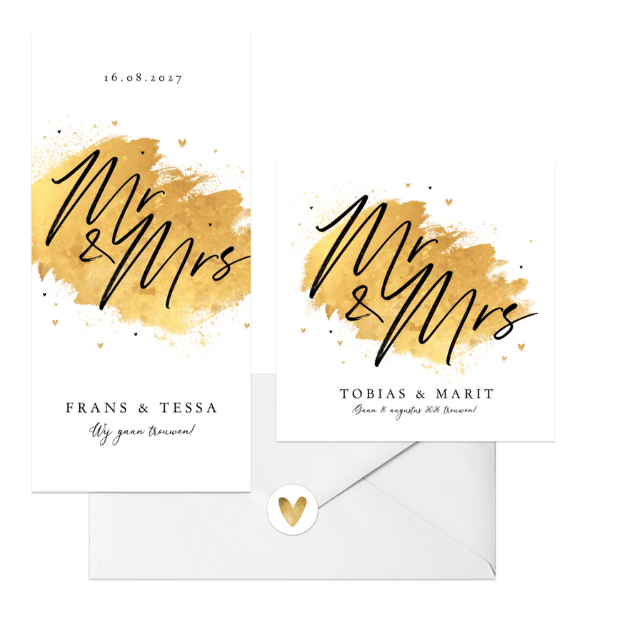 Trouwkaartenset met gouden verf en hartjes