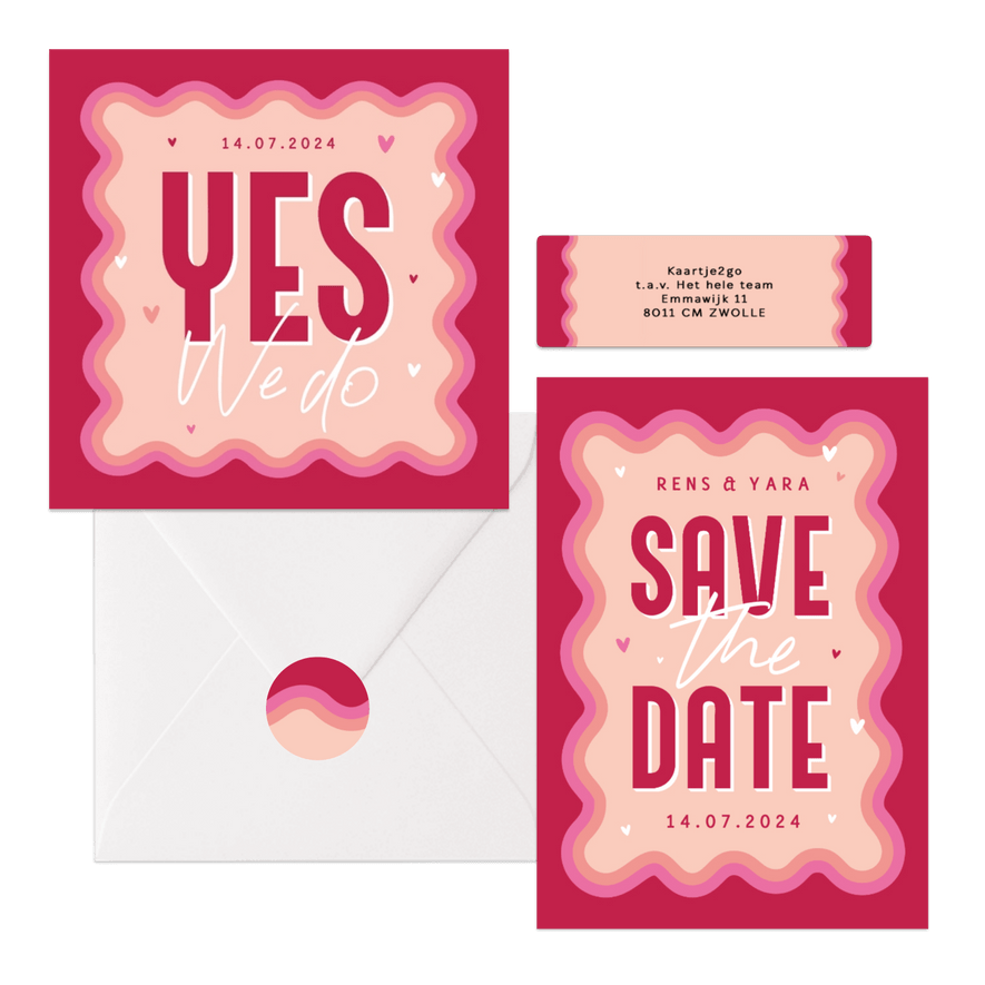 Modern - retro grafische set trouwkaarten golvende lijnen roze