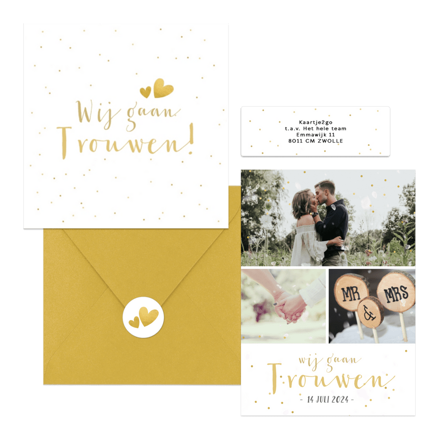 Trouwset fotocollage gouden confetti, hartjes