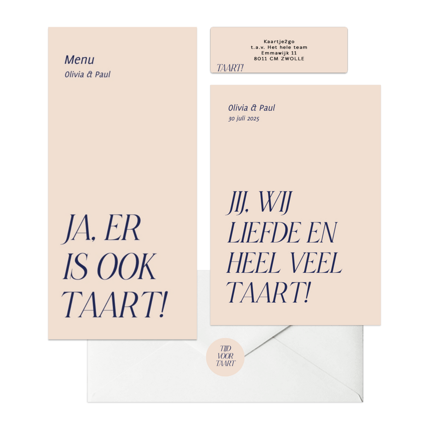 Trouwset typografisch grappig liefde en taart