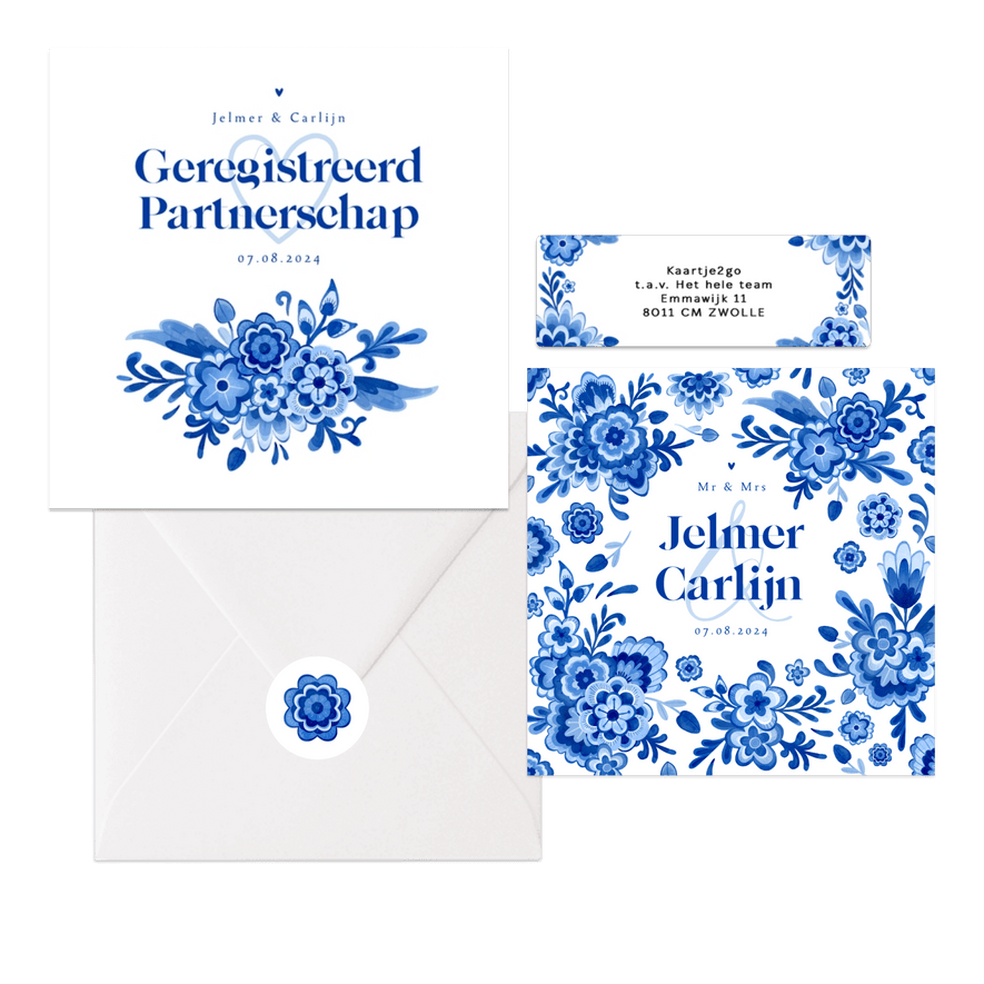 Trouwkaarten Delfts blauw bloemen origineel