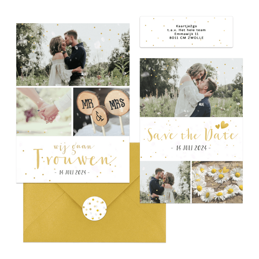 Trouwset fotocollage gouden confetti, hartjes