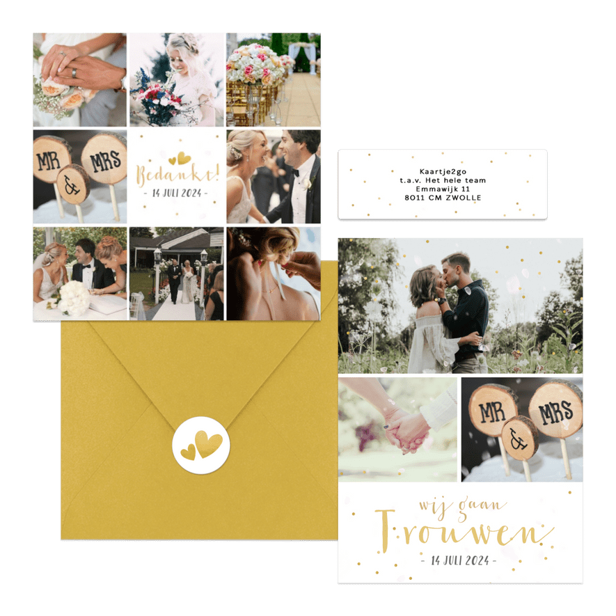 Trouwset fotocollage gouden confetti, hartjes