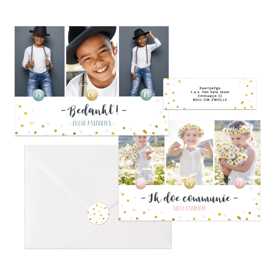 Hippe fotocollage kaarten communie met gouden confetti