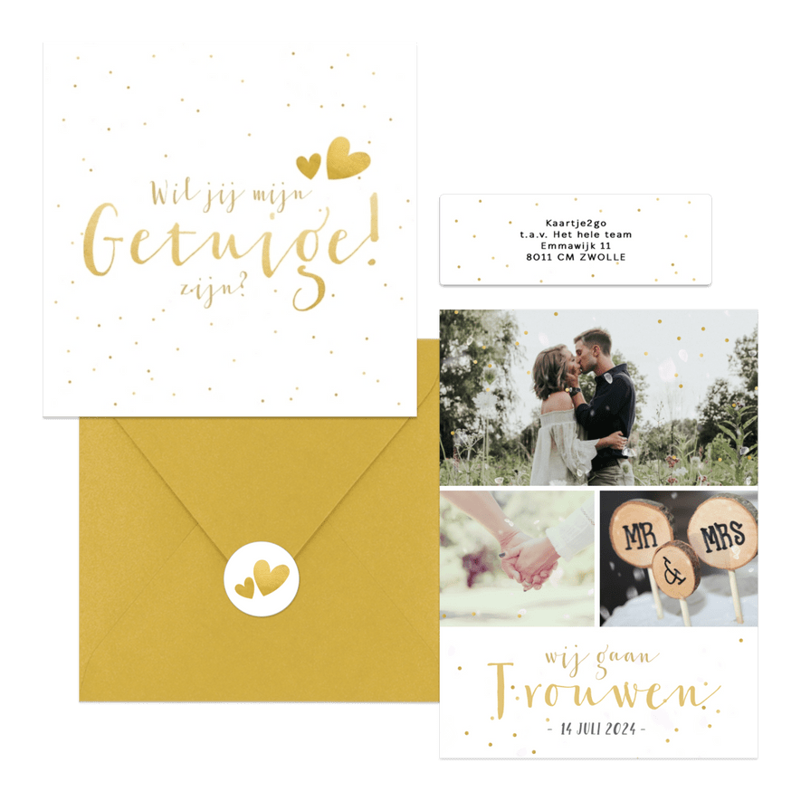 Trouwset fotocollage gouden confetti, hartjes